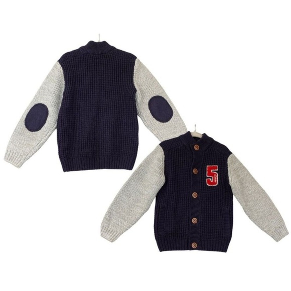Elbow Patchwork Cardigan Kids Boys 4 Navy Chunky Knit Varsity‎ Preppy LC WAIKIKI